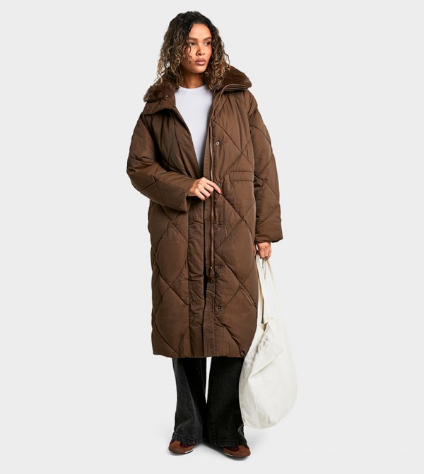 Premium Faux Fur Trim Quilted Maxi Parka Coat