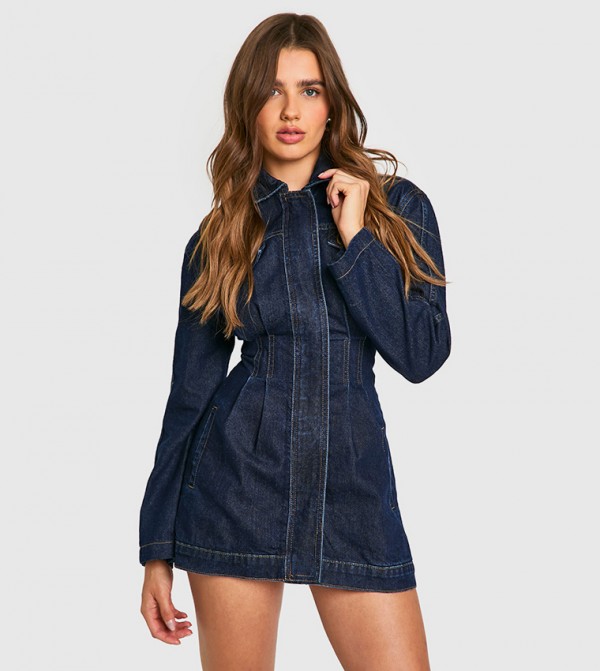 Faded Cinched Waist Denim Shirt Dress