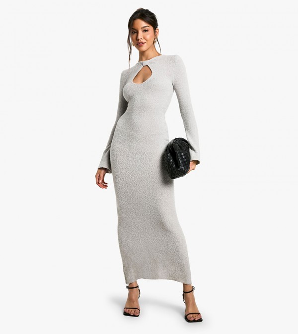 Neck Detail Boucle Maxi Dress