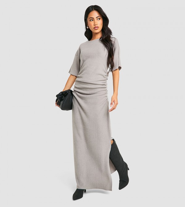 Brushed Ribbed Ruched Maxi Dress