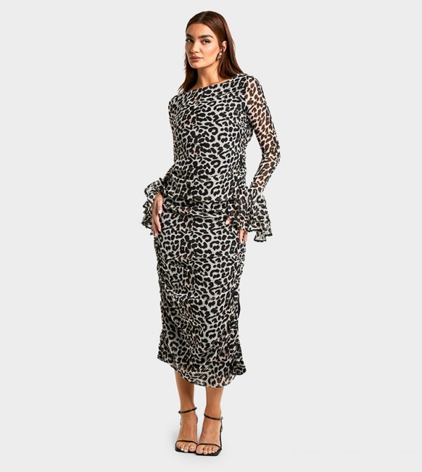 Leopard Chiffon Ruffle Midaxi Dress