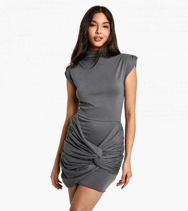 Solid Ruched Shoulder Pad T-Shirt Mini Dress