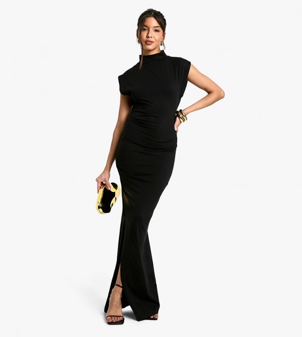 Ruched High Neck Maxi Dress