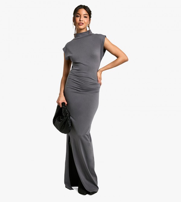 Ruched High Neck Maxi Dress