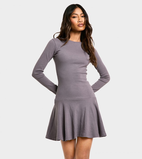 Ribbed Dropped Hem Skater Mini Dress