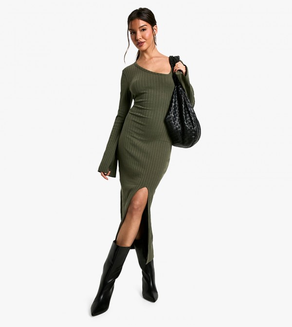 Wide Ribbed Asymmetric Neck Midaxi Dress