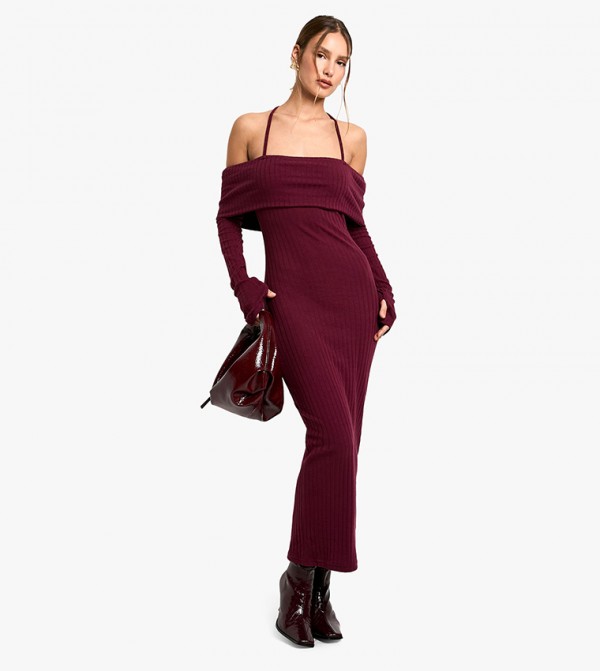Wide Ribbed Bardot Midaxi Dress