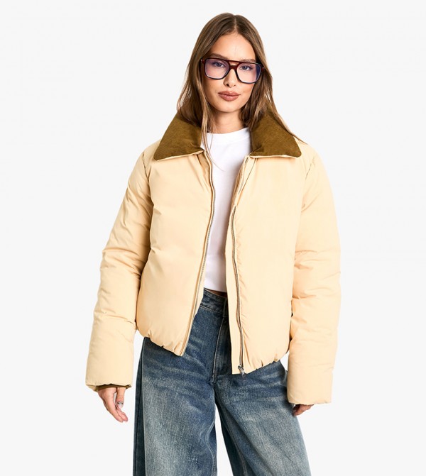 Cord Contrast Collar Puffer Jacket