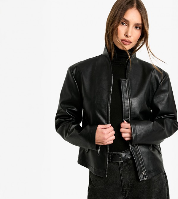 Shoulder Pad Faux Leather Jacket