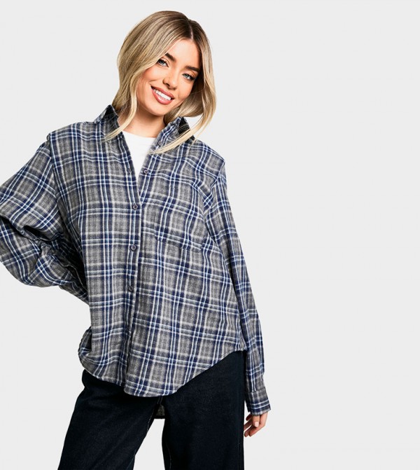 Check Cinched Shoulder Pad Shirt