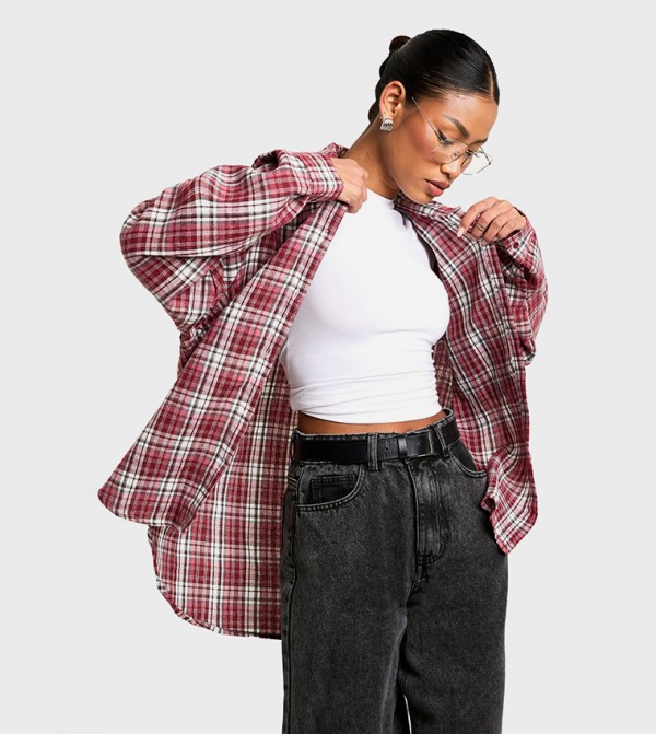 Plaid Cinched Shoulder Pad Shirt