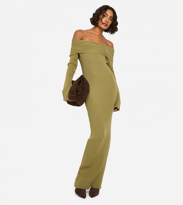 Tall Bardot Ribbed Knit Maxi Dress