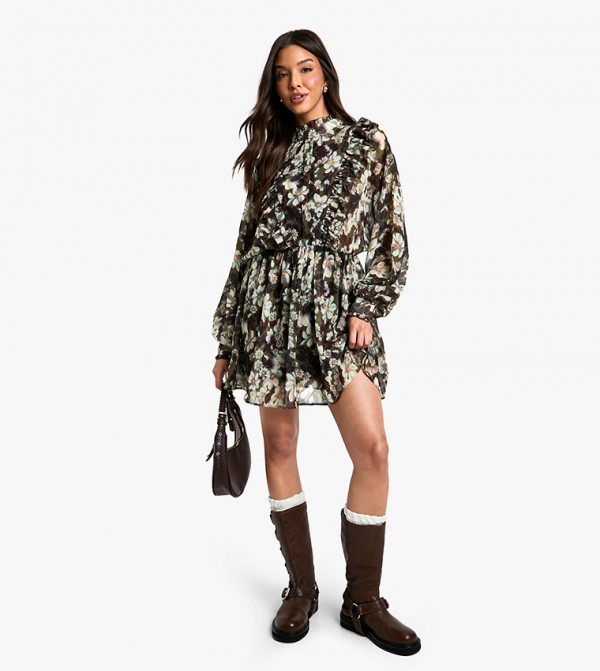 Floral Printed Chiffon Long Sleeves Mini Dress