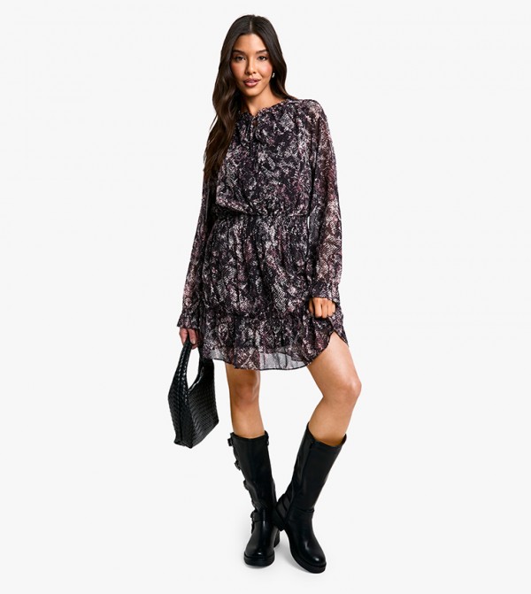 Snake Print Chiffon Long Sleeves Skater Mini Dress