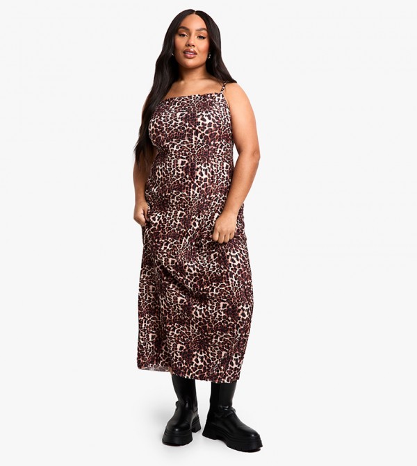 Curve Leopard Print Strappy Plisse Midaxi Dress