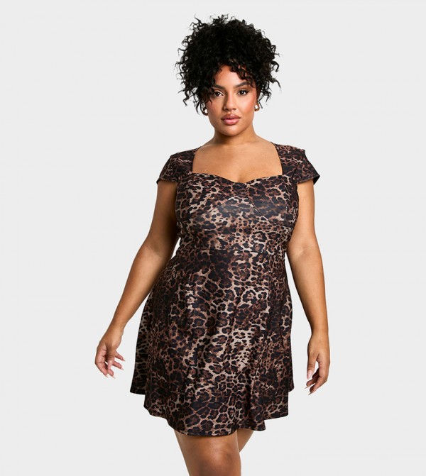 Curve Bengaline Leopard Cap Sleeves Skater Mini Dress