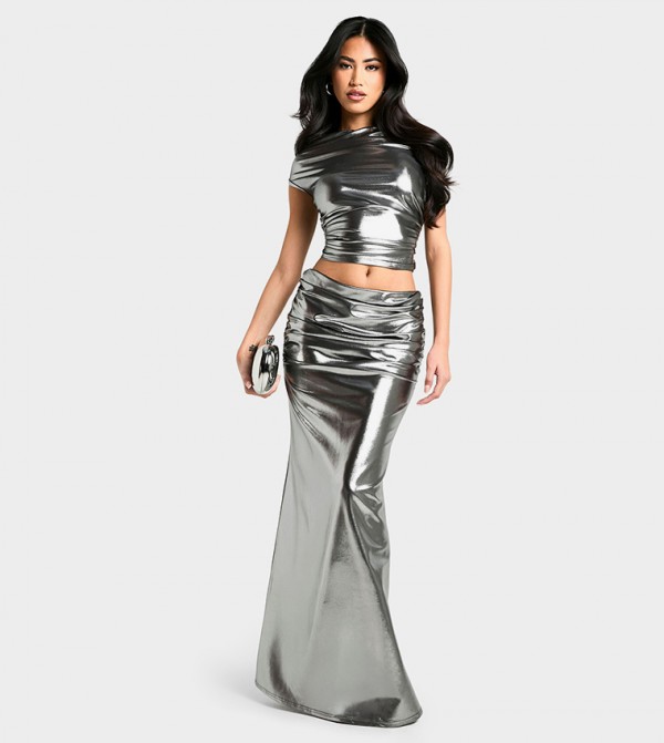Shimmer Ruched Side Maxi Skirt