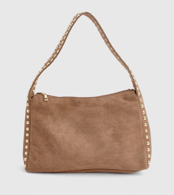 Faux Suede Studded Handle Slouchy Shoulder Bag