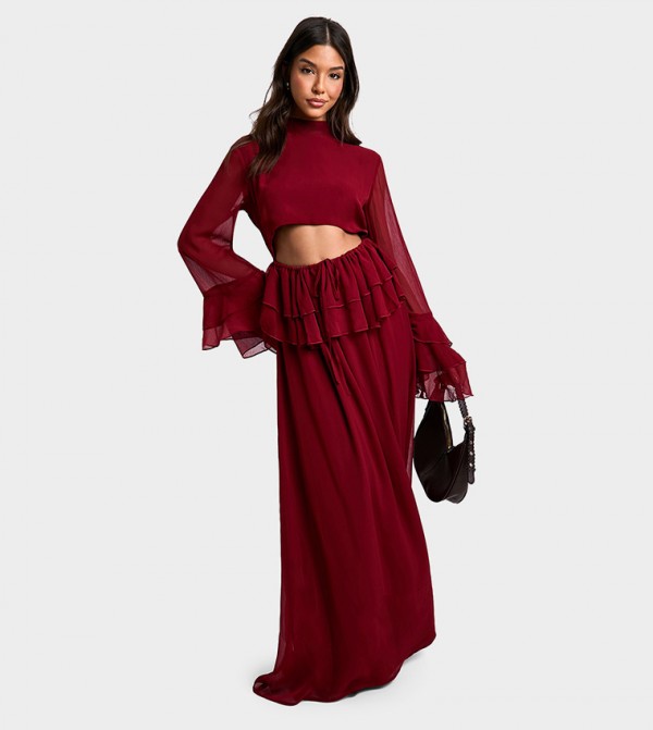 Crinkle Chiffon Ruffle Flare Sleeves Maxi Dress