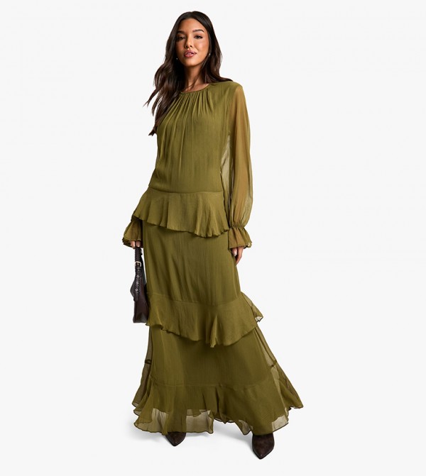 Crinkle Chiffon Ruffle Blouson Maxi Dress