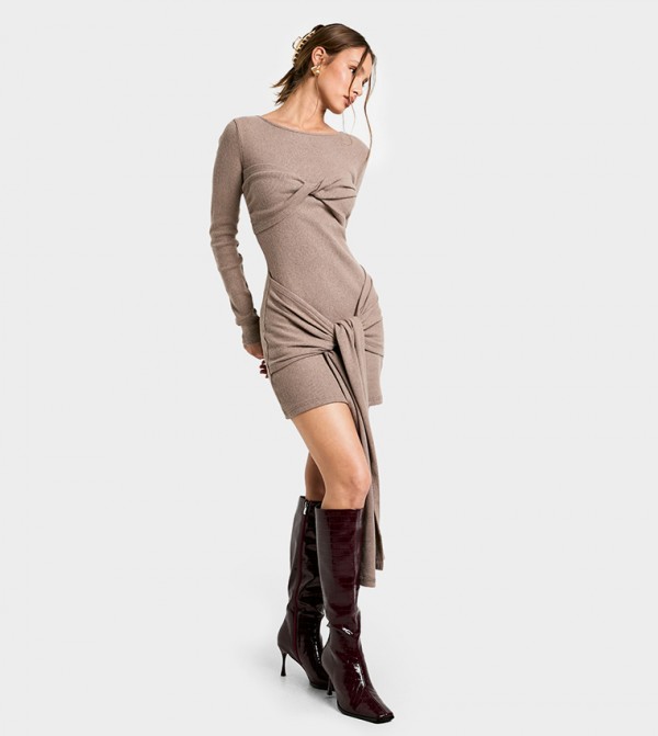 Brushed Ribbed Tie Long Sleeves Mini Dress