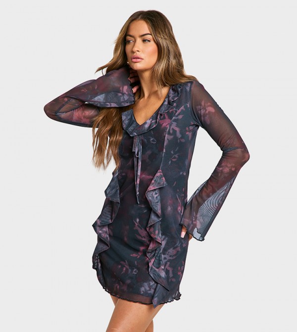 Floral Print Mesh Flared Sleeves Mini Dress