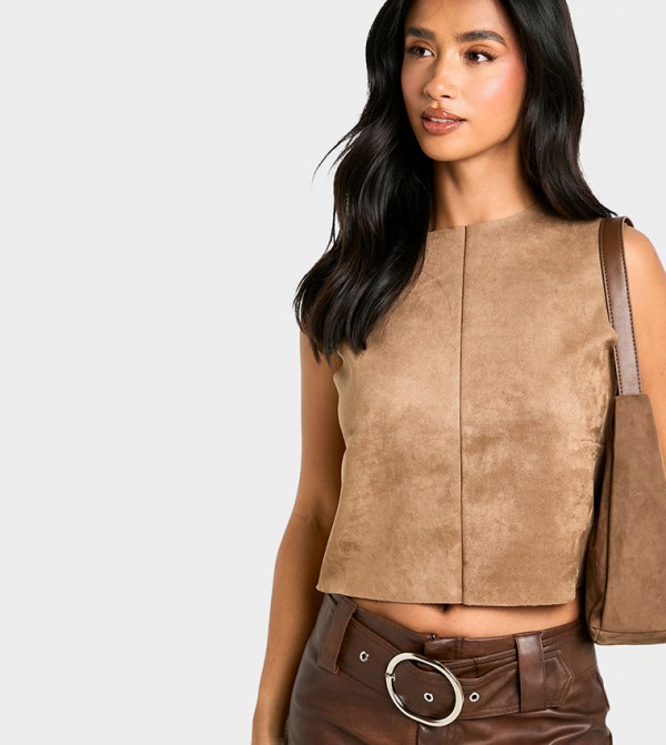 Petite Faux Suede Crew Neck Crop Top