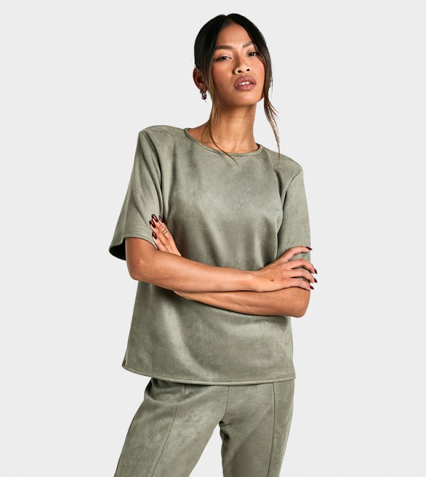 Suede Oversized Fit Shoulder Pad T-Shirt