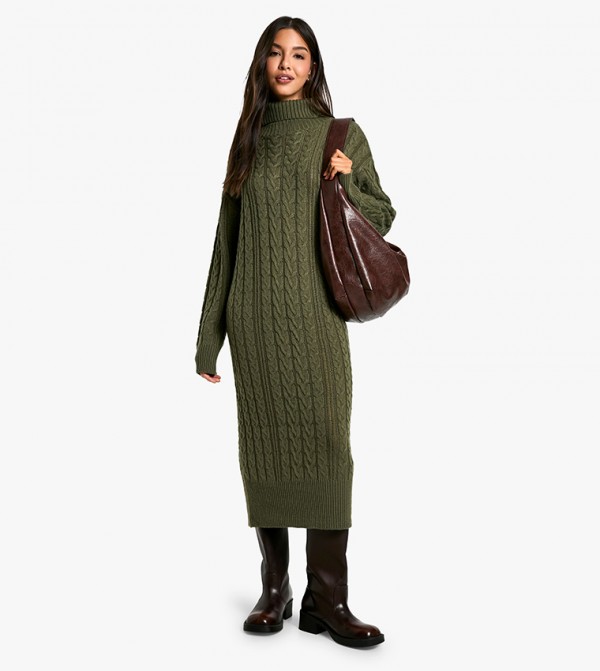 Cable Knit Turtleneck Midi Sweater Dress