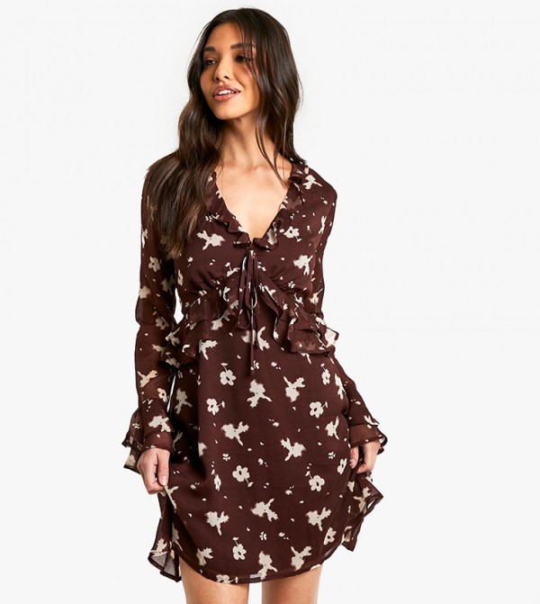 Floral Print Ruffle Sleeves Mini Dress
