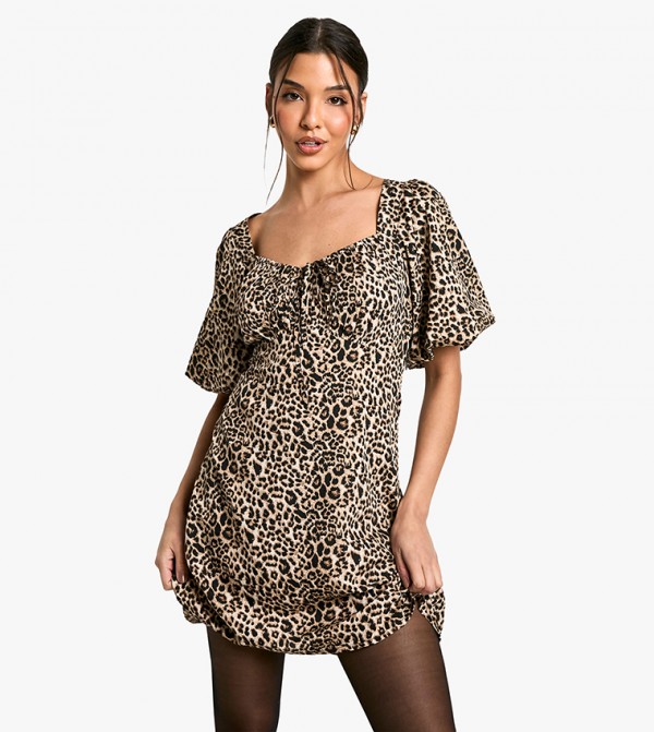 Leopard Printed Puff Sleeves Mini Dress