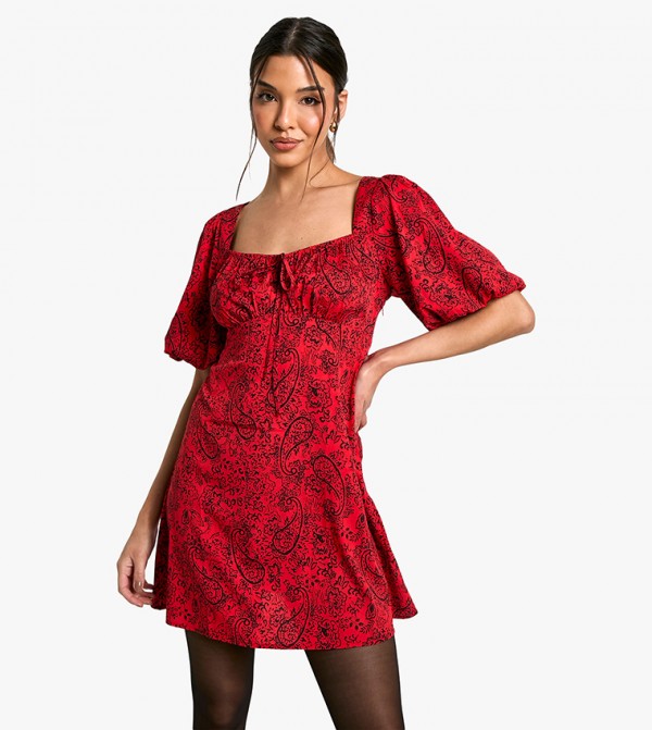 Paisley Printed Puff Sleeves Mini Dress