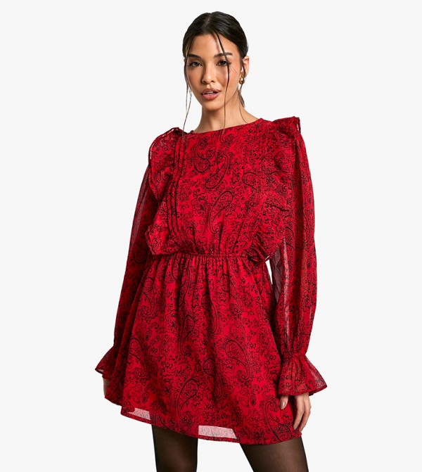Paisley Printed Ruffle Skater Dress