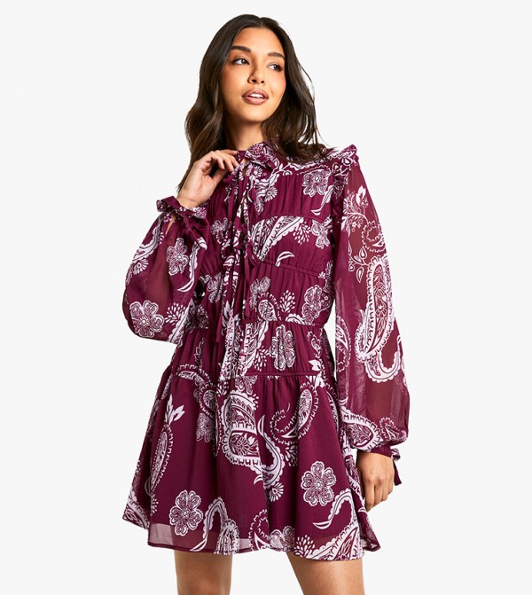 Paisley Tie Chiffon Smocked Dress