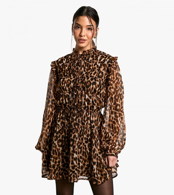 Leopard Tie Chiffon Smocked Dress