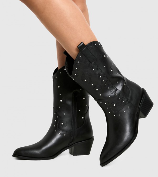 Studded Embossed Detail Heeled Western Boots
