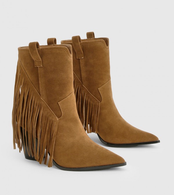 Faux Suede Fringe Tassel Detail Heeled Ankle Boots