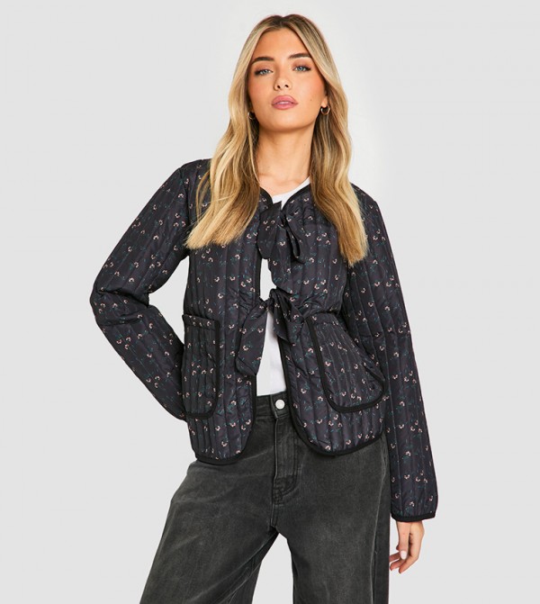 Floral Print Bow Detail Quilted Jacket