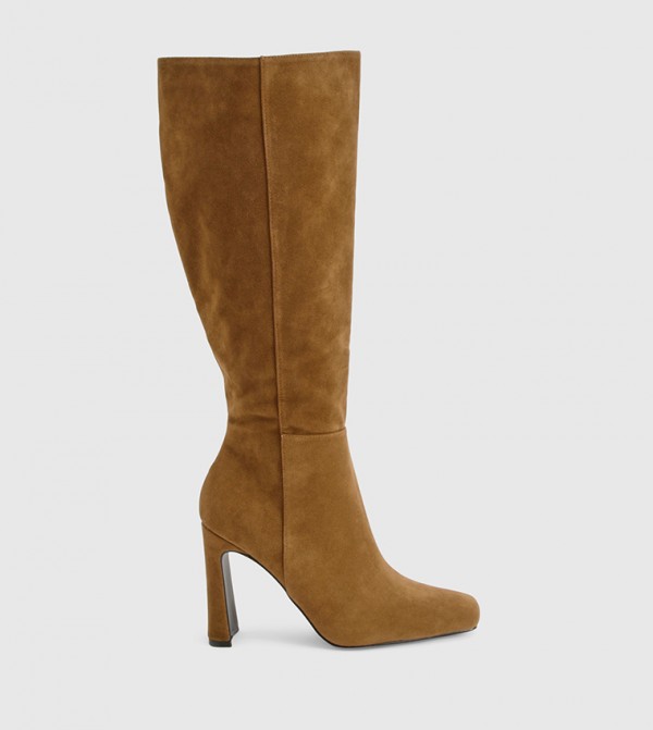 Faux Suede Flared Heel Knee High Boots