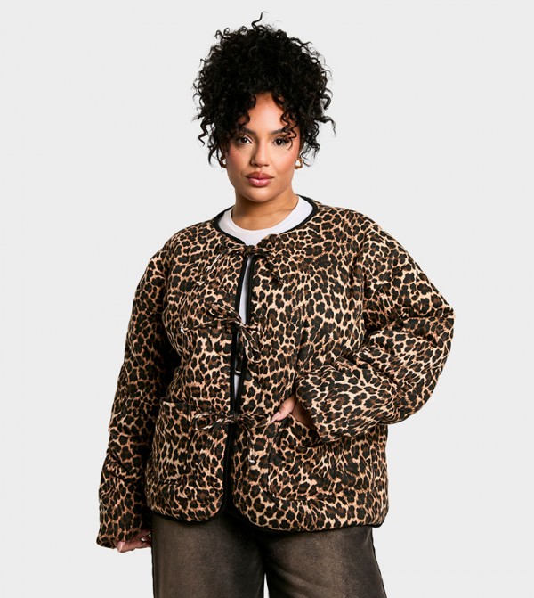 Curve Leopard Printed Tie Detail Padded Jacket