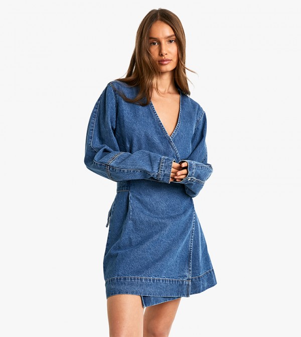 Wrap Denim Belted Dress