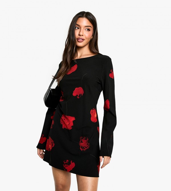 Floral Print Low Back Flared Sleeves Dress