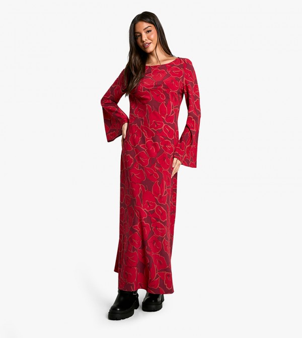 Floral Print Flared Sleeves Maxi Dress
