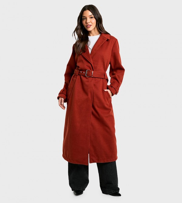 Belted Wool Look Long Coat