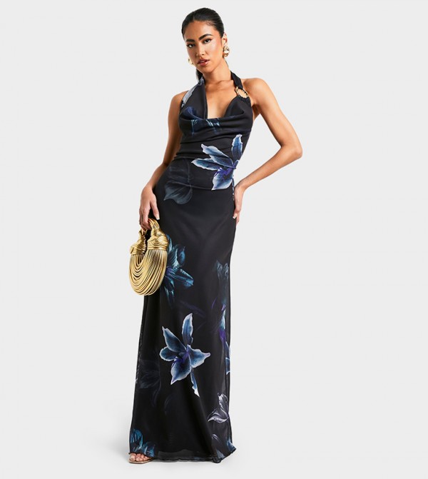 Flower Print Gold Trim Maxi Dress