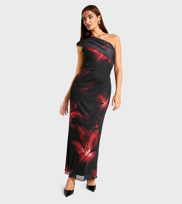 Floral Print One Shoulder Mesh Maxi Dress