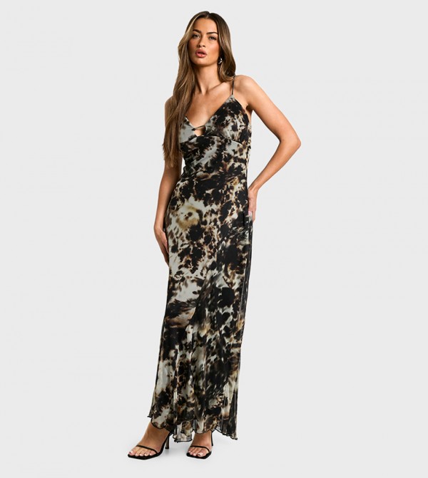 Smudge Printed Strappy Mesh Maxi Dress