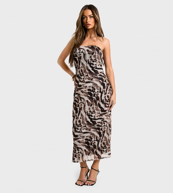 Bandeau Printed Mesh Midaxi Dress