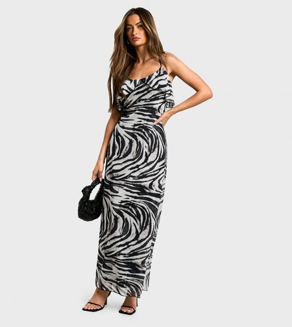 Tie Strap Zebra Print Frill Mesh Maxi Dress