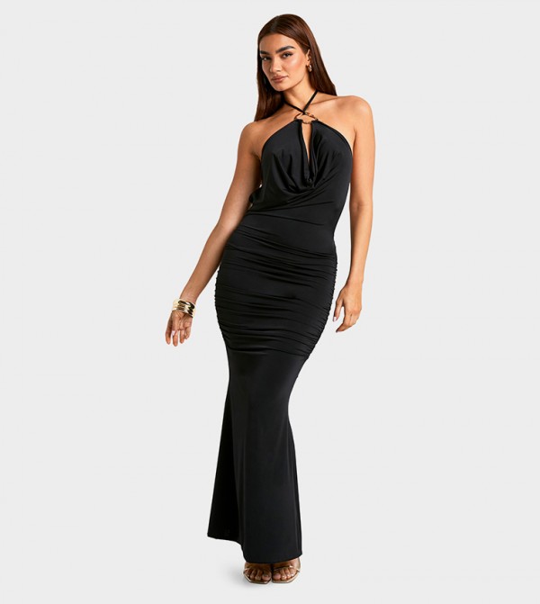 Trim Detail Cowl Ruched Slinky Maxi Dress